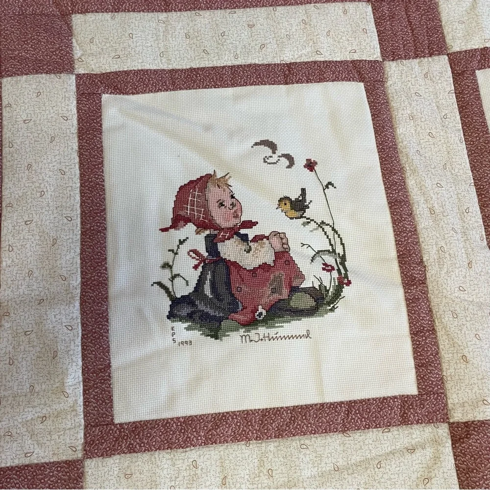 Cute vintage Hummel cross stitch quilt 40” x 61.5” cottagecore rustic grandma
